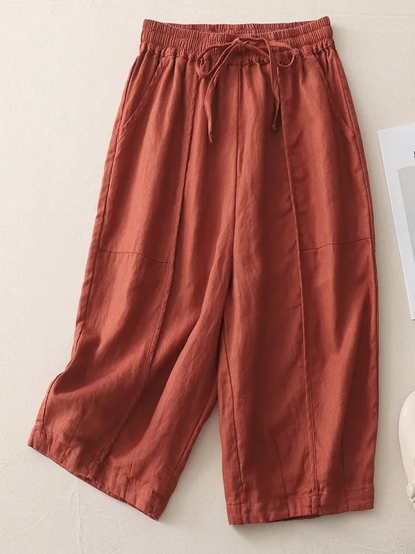 Pantalones informales de pierna ancha para mujer, pantalones holgados de verano con cintura elástica, mosaico 3D de algodón y lino, pantalones de calabaza de siete cuartos