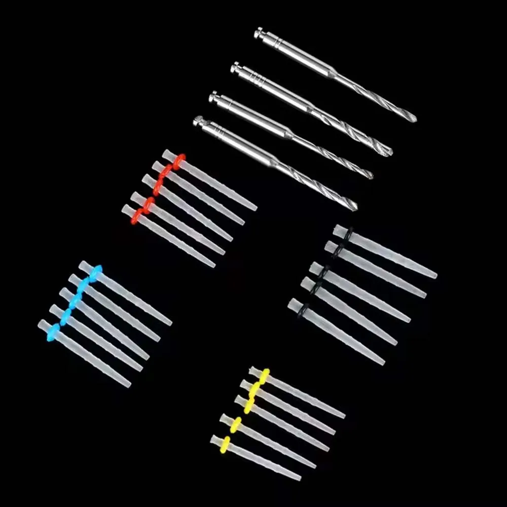 GULPOOE Dental Fibre Pile 20 Posts + 4 Drills Dental Products Fibre Pile Fiber Post Drill Screw Thread Quartz Mixed Size Kit