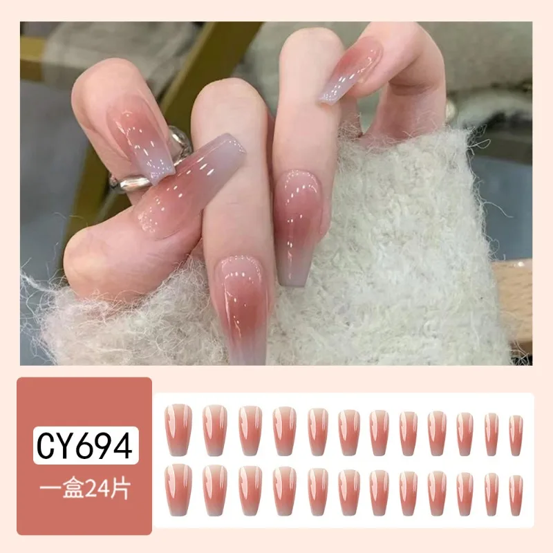 24pcs Autumn Long Blush Gray Blue Gradient Fake Nails for Gluing Artificial Press on Nails Set Acyrlic Stick-on Nails with Tools