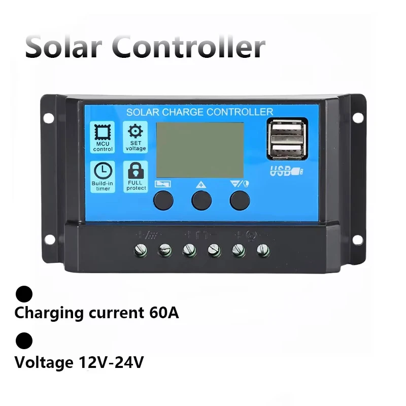 وحدة تحكم شحن الألواح الشمسية 60 أمبير قابلة للتعديل - رؤية LCD محسنة، بحد أقصى 48 فولت، 12 فولت 24 فولت