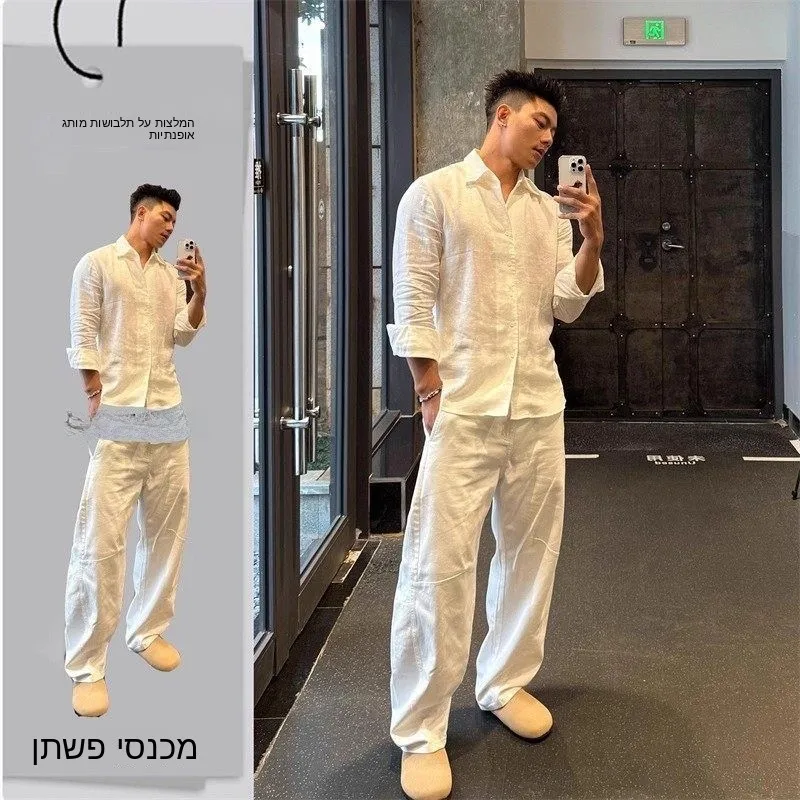 Lightweight Linen Sun Protection Shirt And Sport Shorts Two-Piece Set for Men Casual Autumn Fashion Breathable Cotton Linen