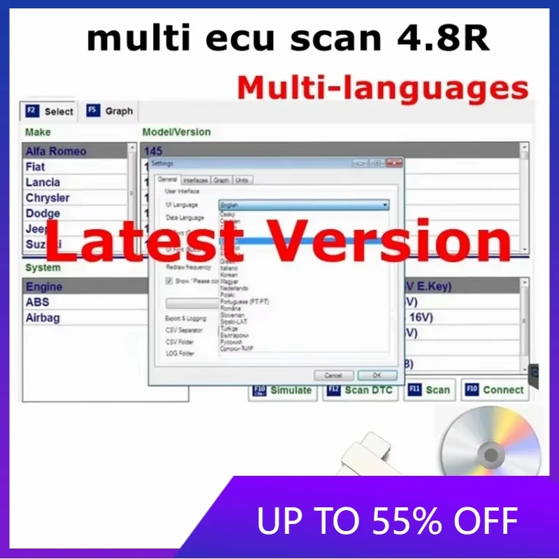 Multi EcuScan 4.8 Car Software for Fiat Connector Auto Repair Data Work With ELM327 Mult/iEcu/Scan V4.6 4.7 Registered Unlimited