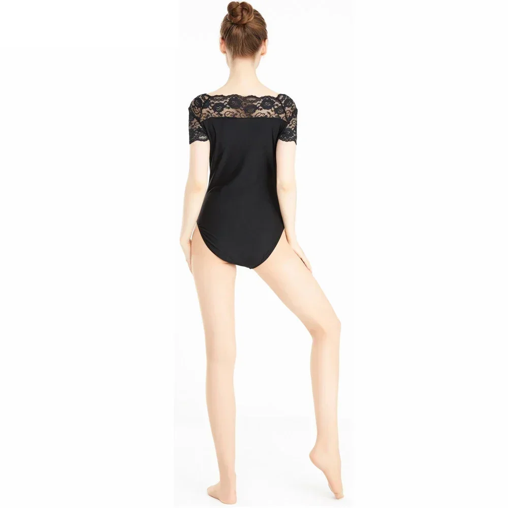 

Women Spandex Dance Lace Leotard Short Sleeve Black Gymnastics Dance Bodysuit Classical Dance Costume Adult Ballerina Wear