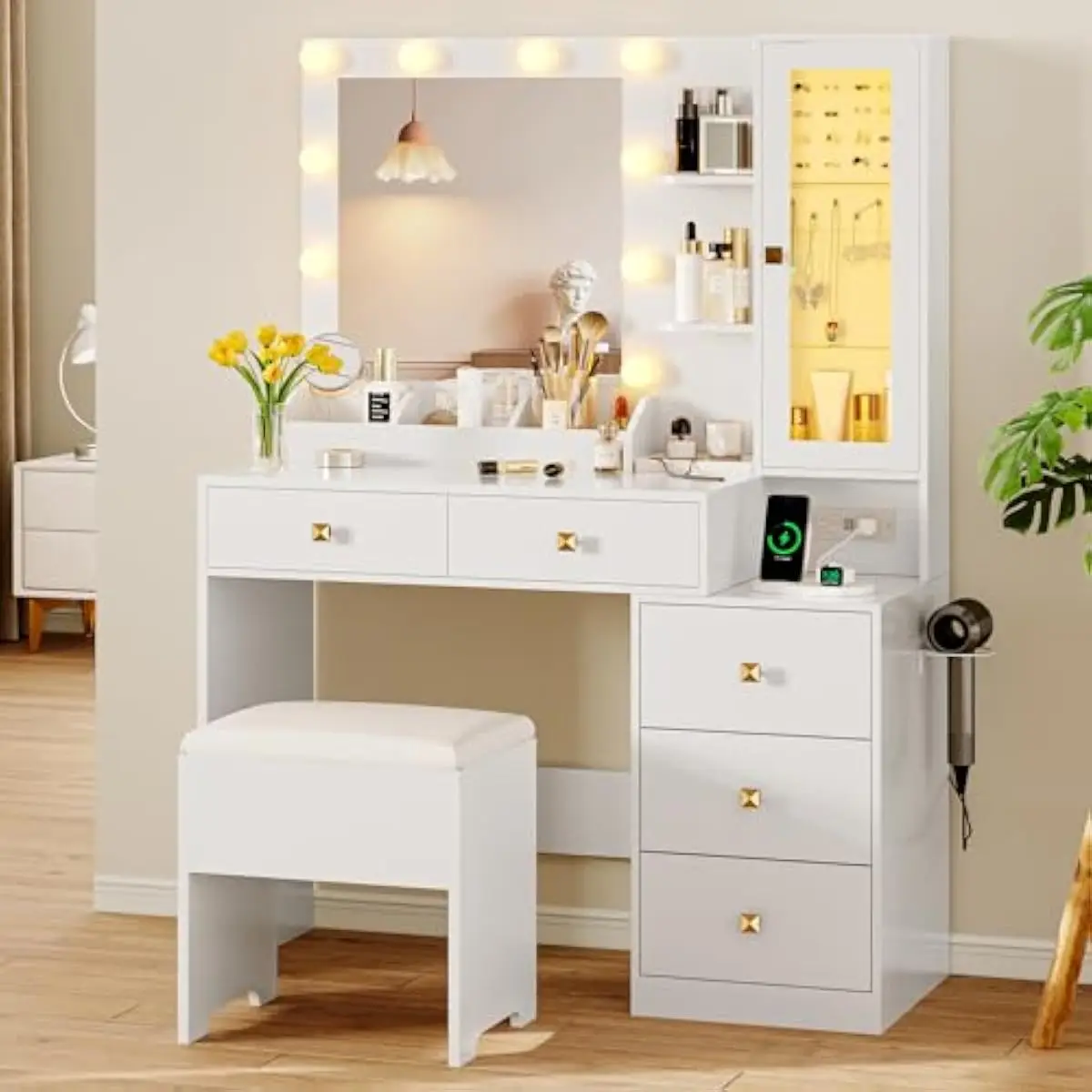 White Modern Vanity Desk Featuring Glass Cabinet with App-Controlled RGB Lighting, 10-Bulb Adjustable Mirror, Six-Section Storag