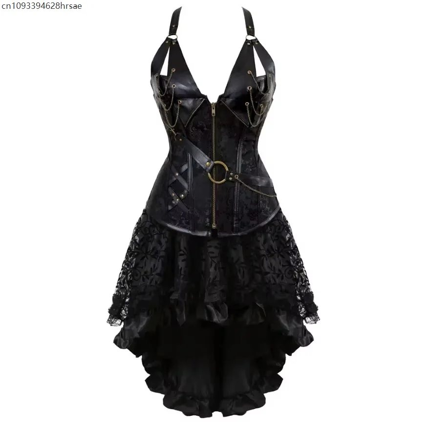 

Gothic Leather Corsets Dress Steampunk Pirate Corset Bustier With Floral Lace Skirt Set Burlesque Halloween Costume