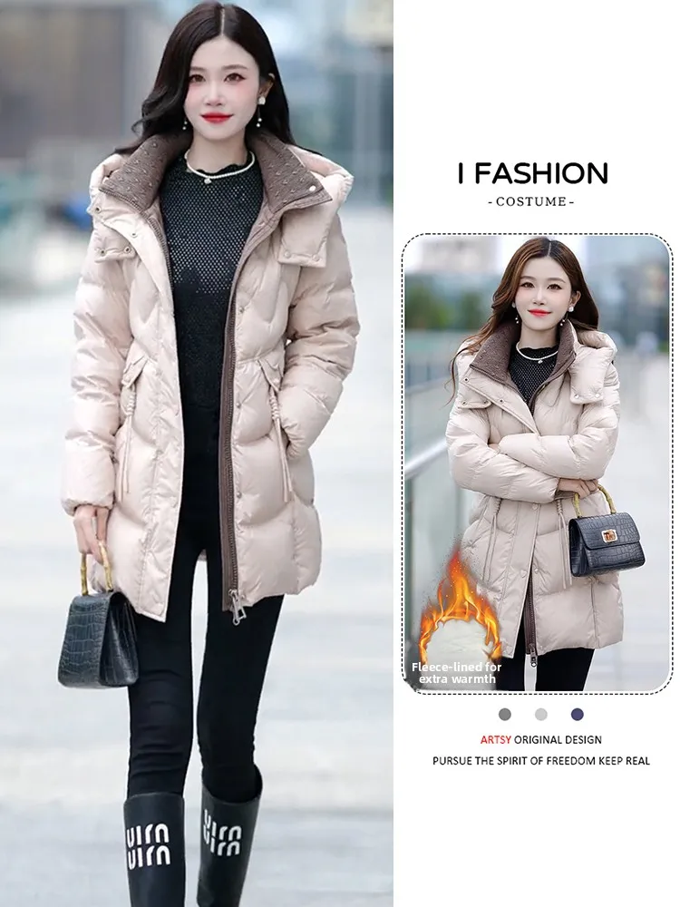 Thiened algodão para baixo Jaet feminino comprimento médio com capuz acolchoado casaco coreano sle commute solto ajuste longo sve fechamento com zíper