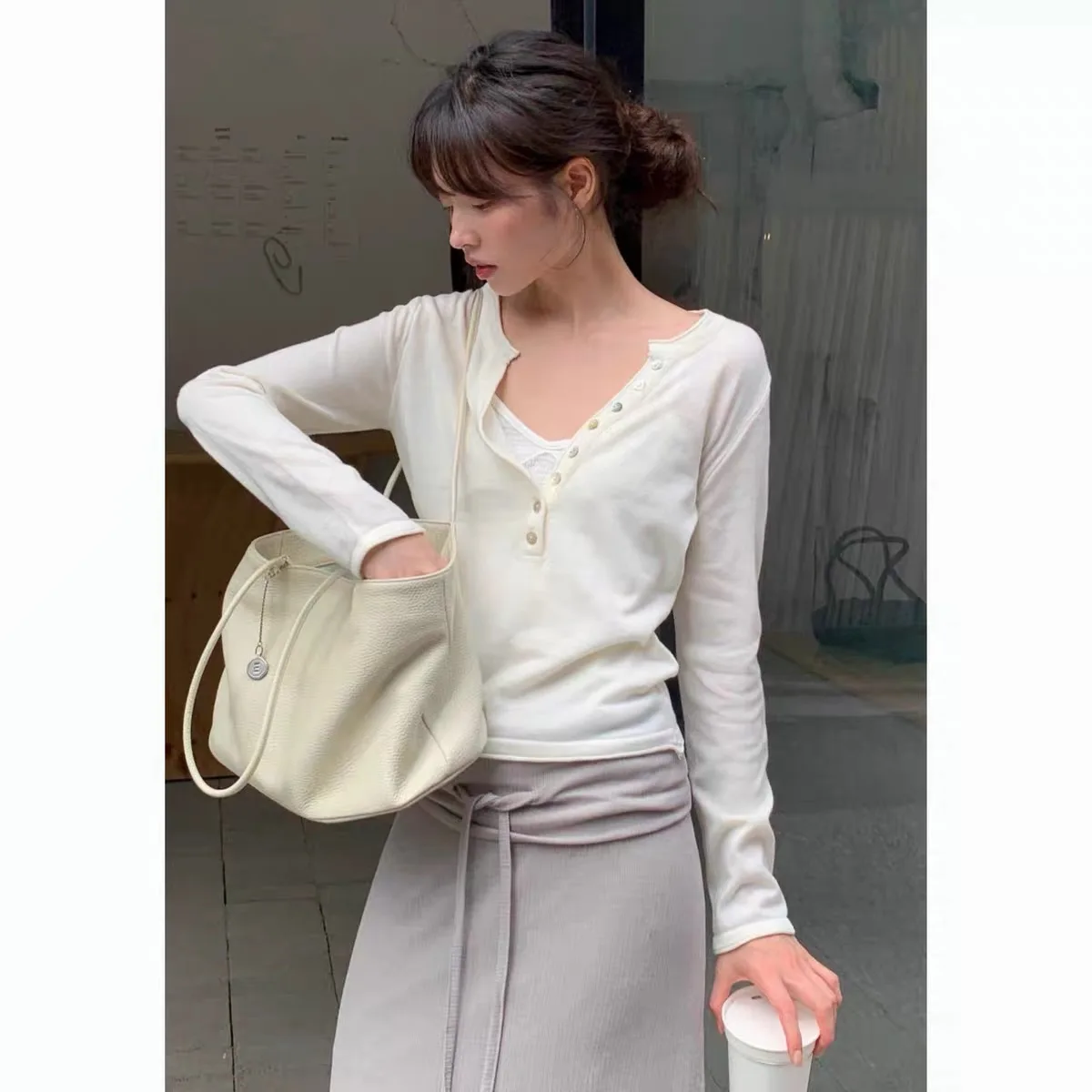Chic Fashionable Comfortable Trendy Slim Fit Henry Collar Long Sleeve Knitted Top Single Button New Autumn 2026 Korean Style ...