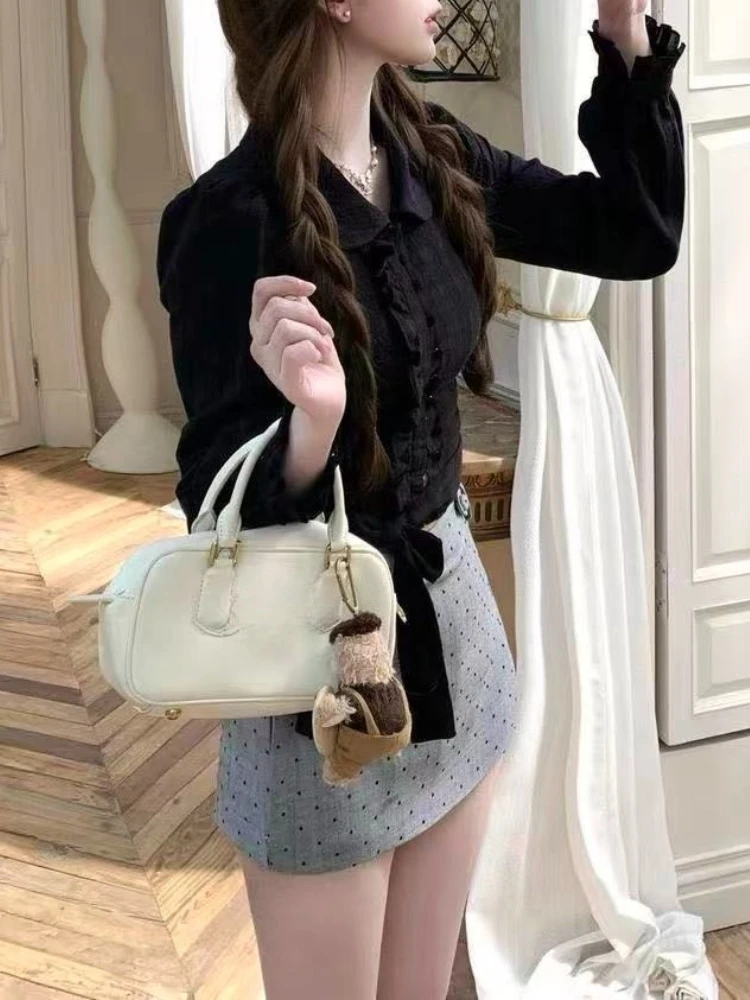 Setelan Dua Potong Vintage Prancis Elegan Wanita Atasan Lengan Panjang Hitam Chic + Rok Abu-abu Pakaian Baru Mode Slim Estetika Musim Gugur.