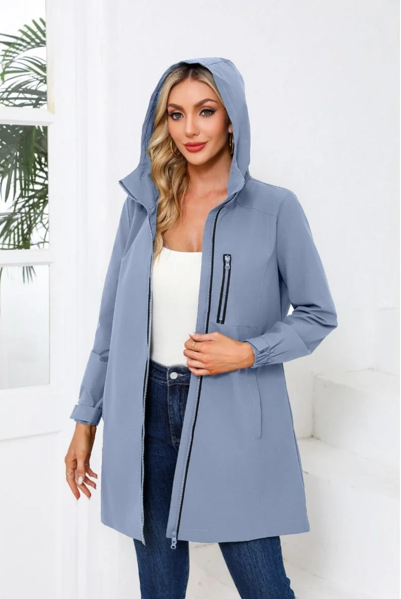 

Осень 2024, новая женская длинная куртка с капюшоном, модные повседневные пальто, европейский размер S-3XL, женский Тренч, розовый, черный, синий, армейский зеленый