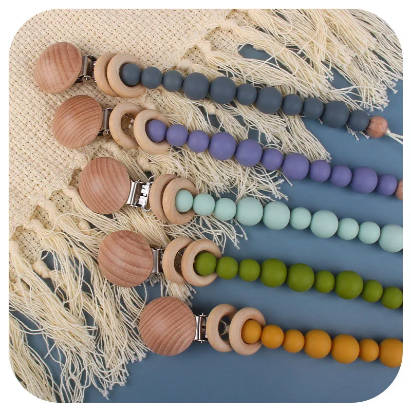 Baby Pacifier Clips Silicone Beads Wooden Ring Dummy Chain Newborn Gift Teether Soother Chain Nipple Holder Baby Stuff Accessory