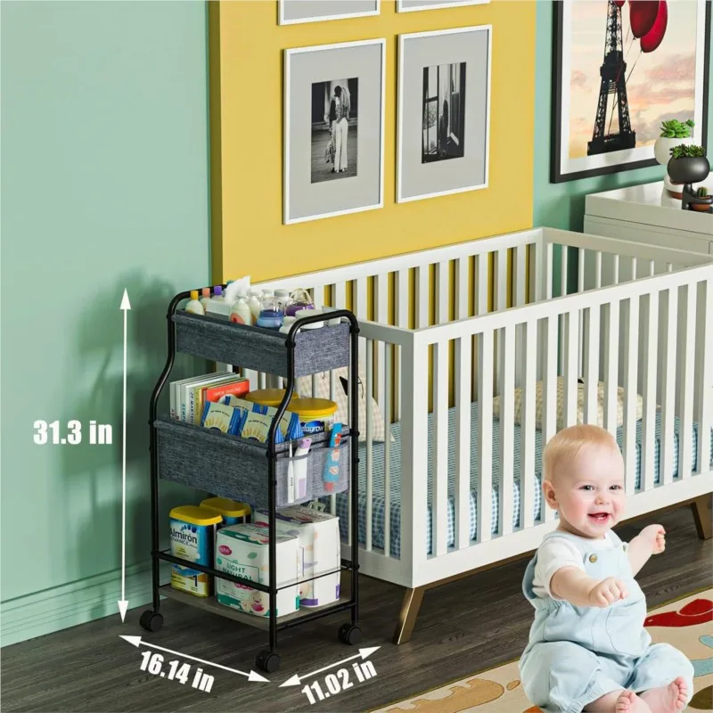 LazyChild Rolling Trolley Multifunctional Storage Rack Nursery Diaper & Toy Organizer with Mesh Pockets