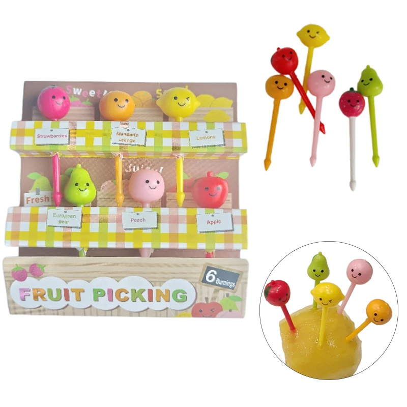 Juego de 6 unidades de palillos de fruta, palillos de fruta de fresa, melocotón, castillo, caja Bento, palillos de dientes de comida de dibujos animados, accesorios de caja Bento