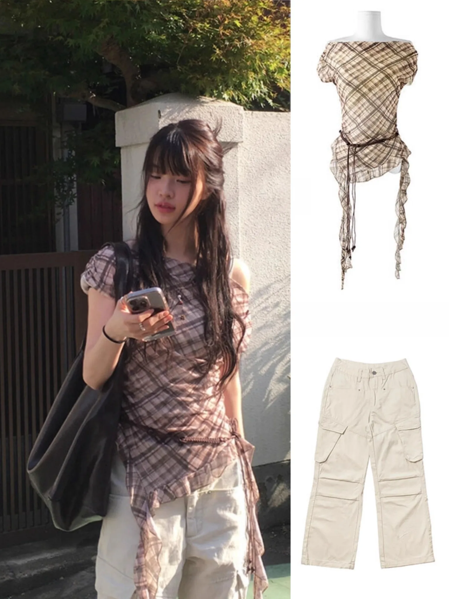 

Korean Style Off Shoulder Top with Ribbon Detail & Straight Leg Cargo Pants Irregular Slim Fit 2-Piece Casual Set for Women