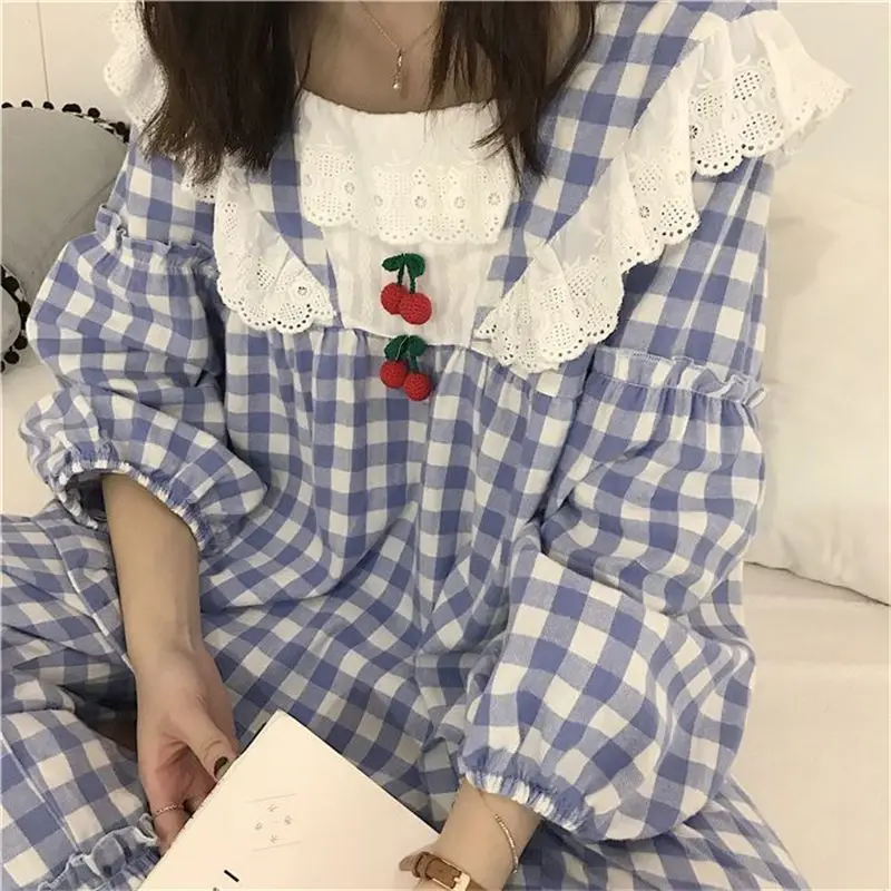 Plaid Sleepwear Women Pajama Sets Lace Piiama Autumn Pants Sets for Women 2 Pieces Long Sleeve Night Wears Cherry Home Suit New