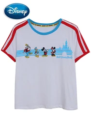 Disney World Castle Mickey Minnie Mouse Sriped Cartoon Print Embroidery T-Shirt Women O-Neck Short Sleeve Tee Tops Summer Female