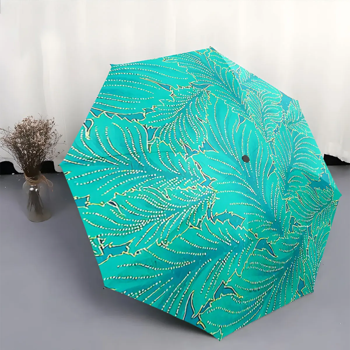 Tropical Leaf Pattern Green and Teal Umbrella Design portable waterproof sun rain umbrella for outdoor travel beach