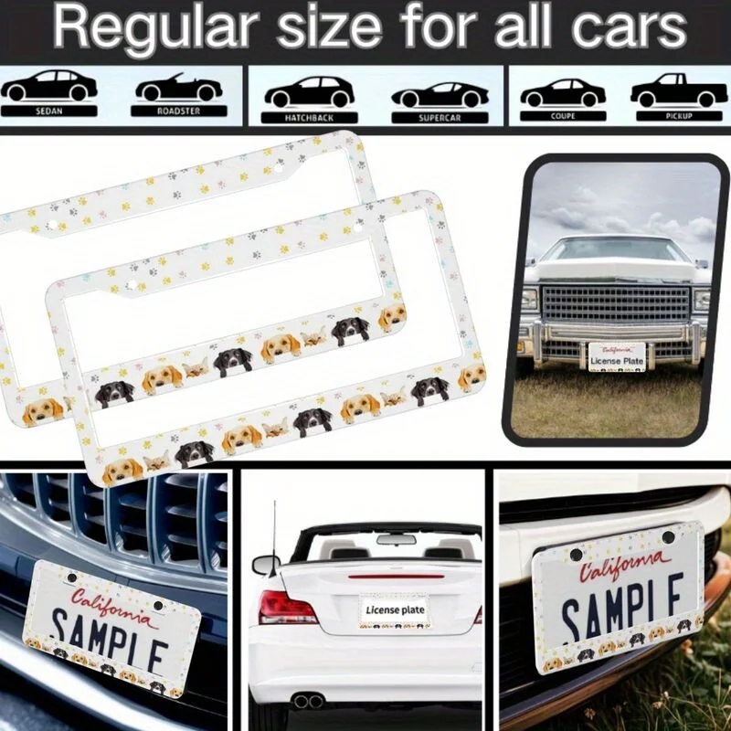 Posters 2 Cute Puppy License Plate Frames Durable Material Creative Car Tag Holder Cute Animal Pattern Suitable