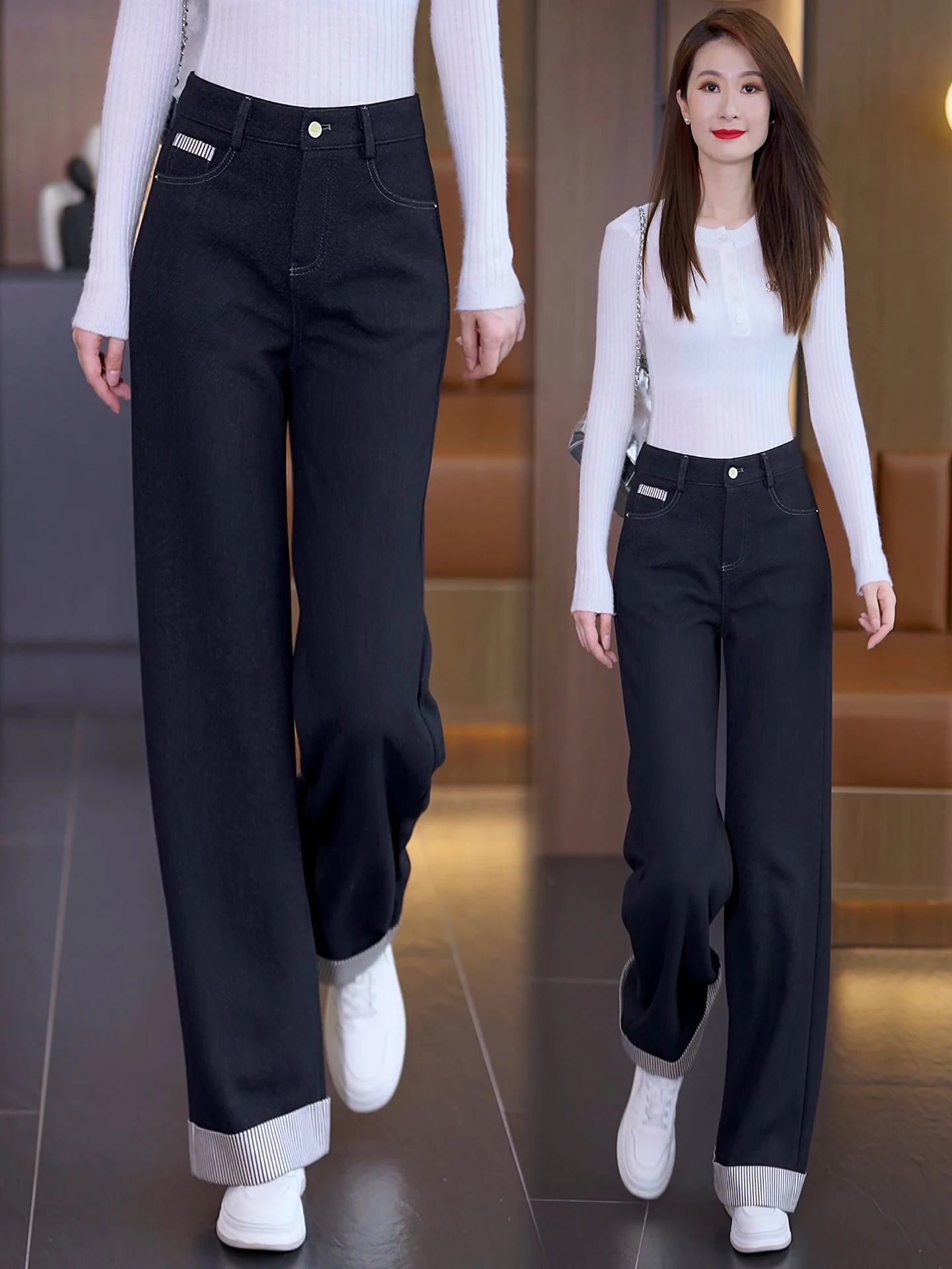 

Женские джинсы с высокой талией, широкими штанинами и прямым кроем, весна-осень, новый стиль, свободные, струящиеся, с отворотами, облегающие, из денима, синие, повседневные брюки