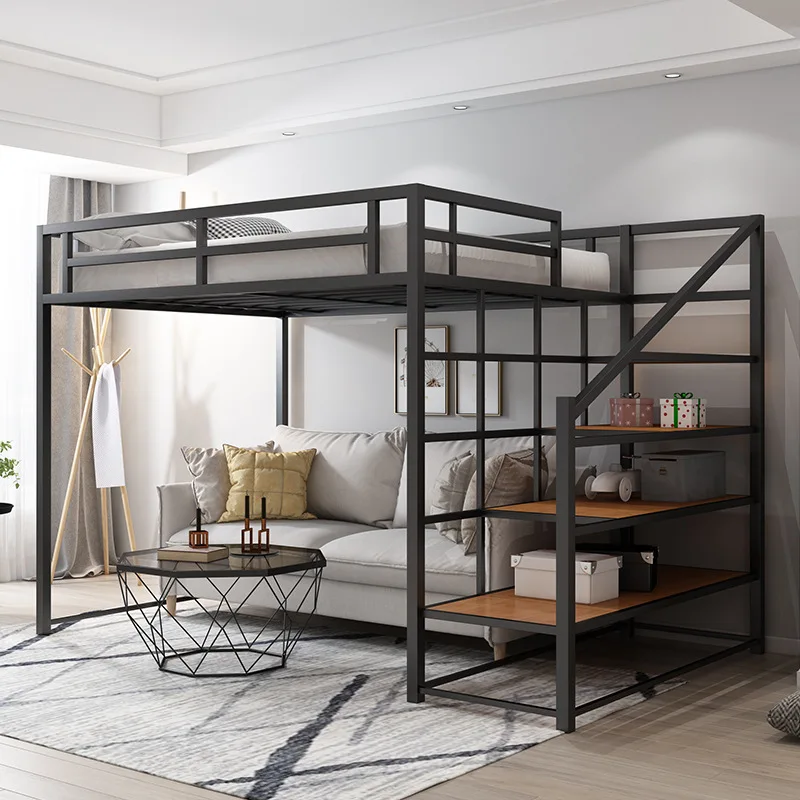 Modern wrought iron elevated bed single apartment bed under table superior single double bed bedroom household firm large iron