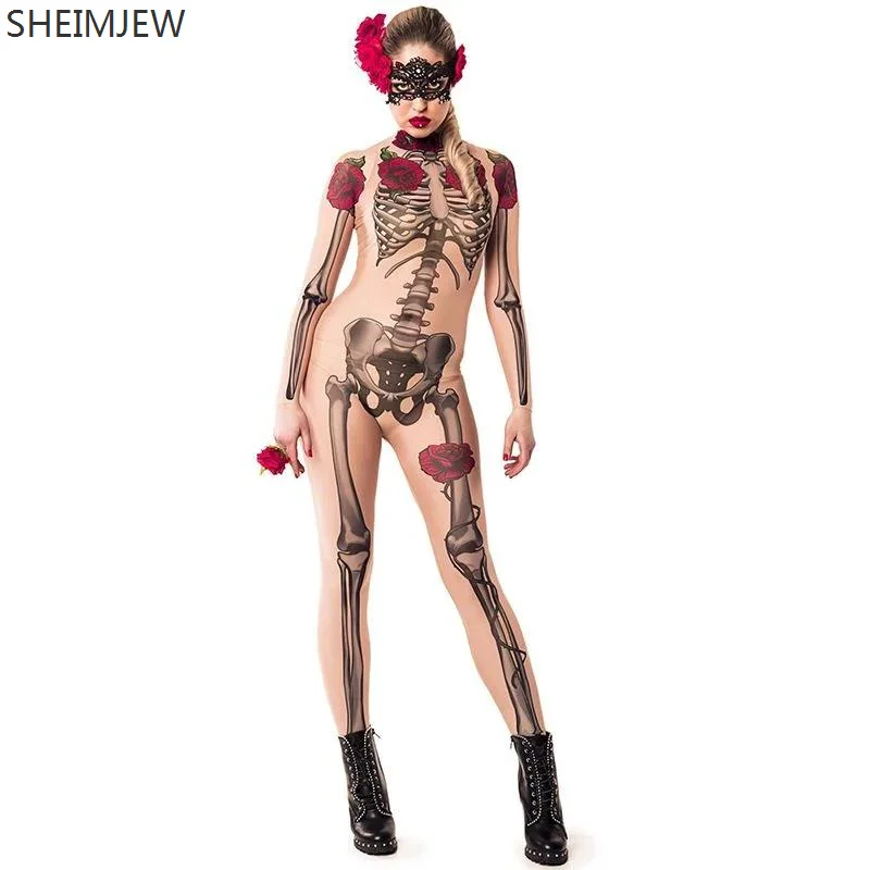 New Sexy a collo alto manica lunga Cosplay Catsuit Skull Skeleton Rose tuta elastica sottile aderente Halloween body Rave Outfits