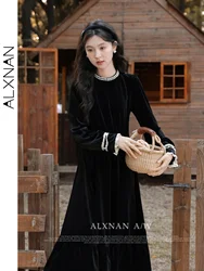 ALXNAN Elegant Black Velvet Dress 2024 Autumn Fashion Commuter Round Neck Patchwork Long Sleeve A-line Midi Dress Women L330198