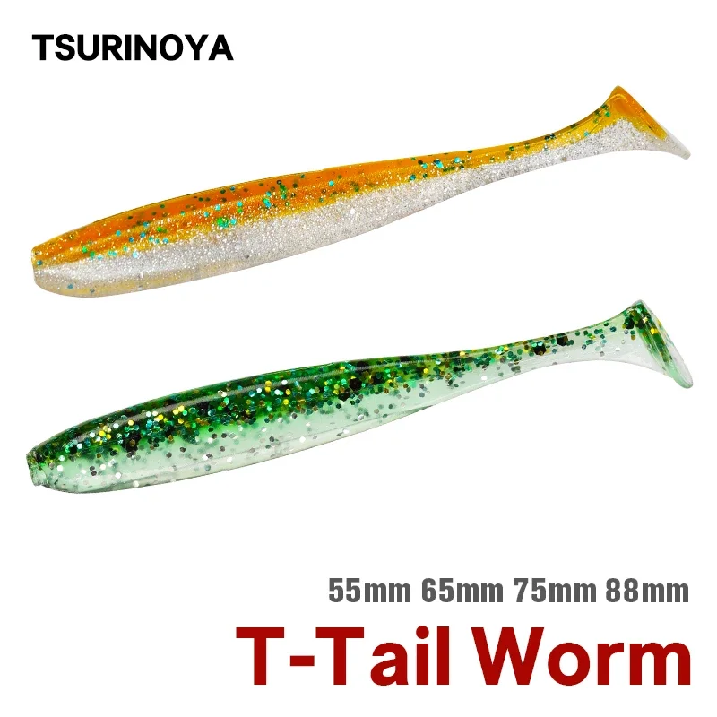 TSURINOYA Fishing Lure Soft Baits 55mm 65mm Shad Worm Wobblers Double Color Silicone Artificial T Tail Lures For Bass Pike