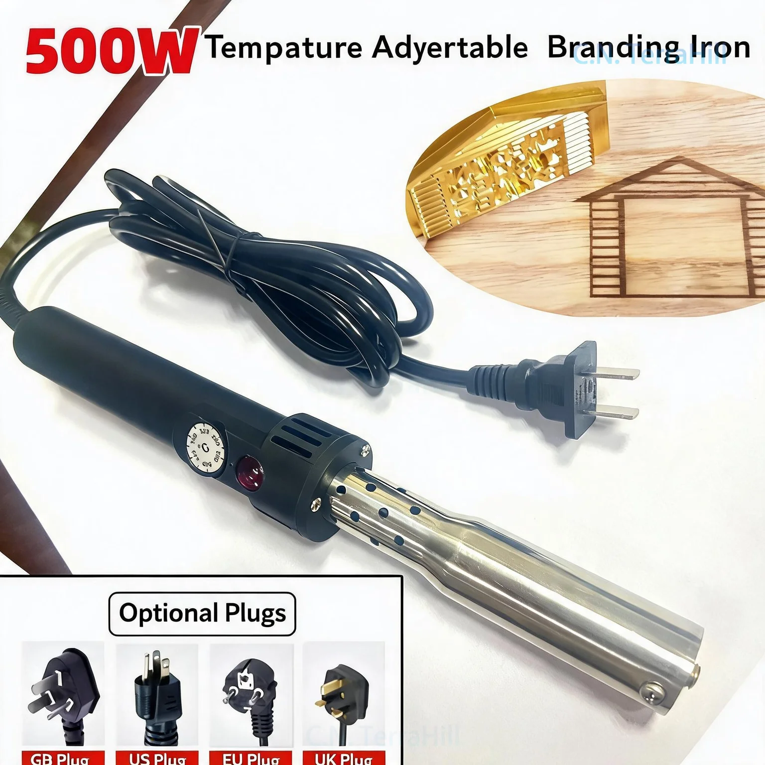 Handheld 500W Adjustable Temperature Wood Burning Kit for Hamburger Coconut Timber Branding Embosser
