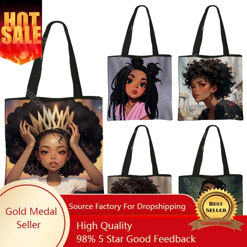 

African Cartoon Girls Casual Tote Bags Fashion Black Women Handbag Large Capacity Shoulder Bag Ladies Reusable Shopping Bag