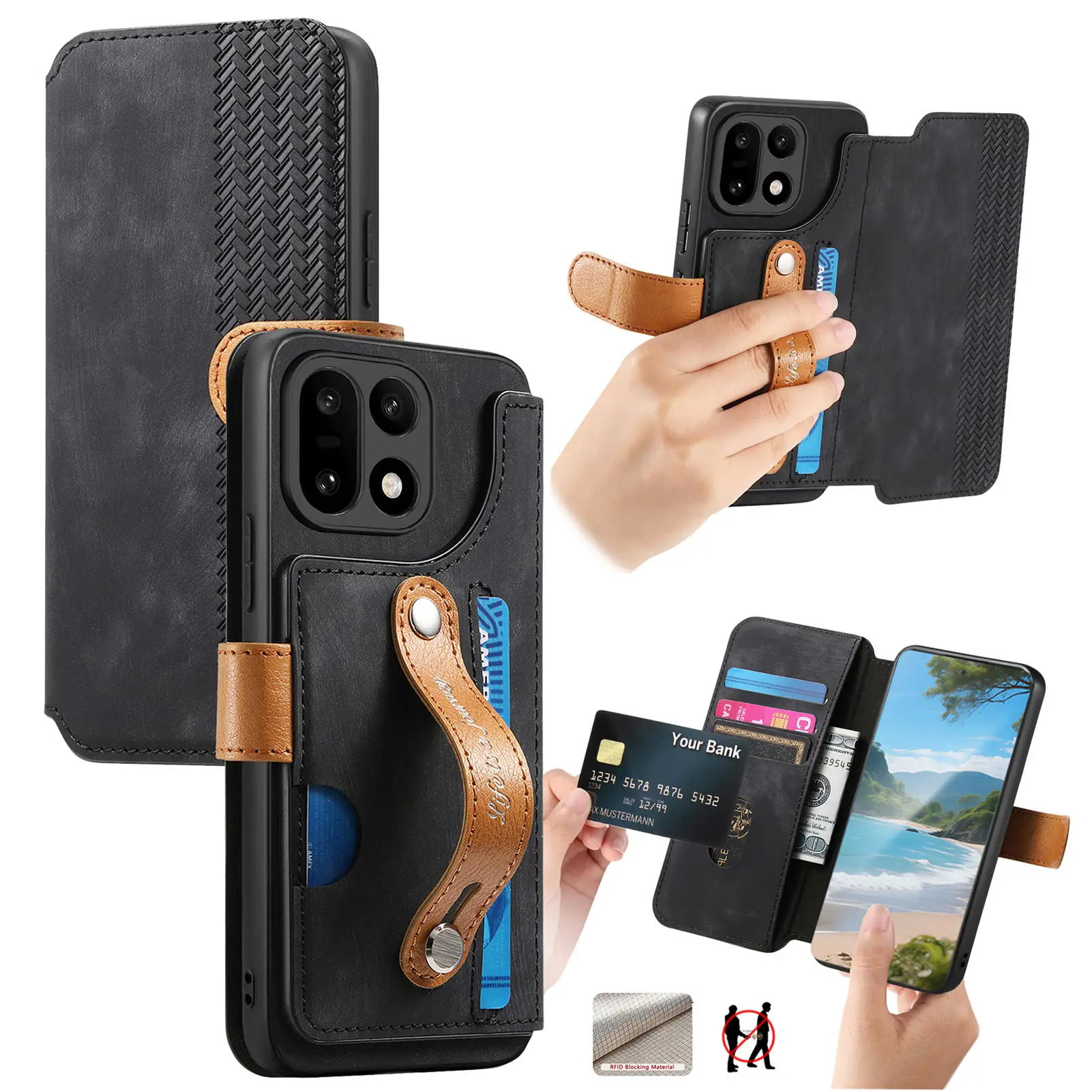 For OnePlus 15 oneplus15 5G Case Luxury Colorful Wristband Flip Cards Solt Wallet Leather Shockproof Hard Back Cover Accessories