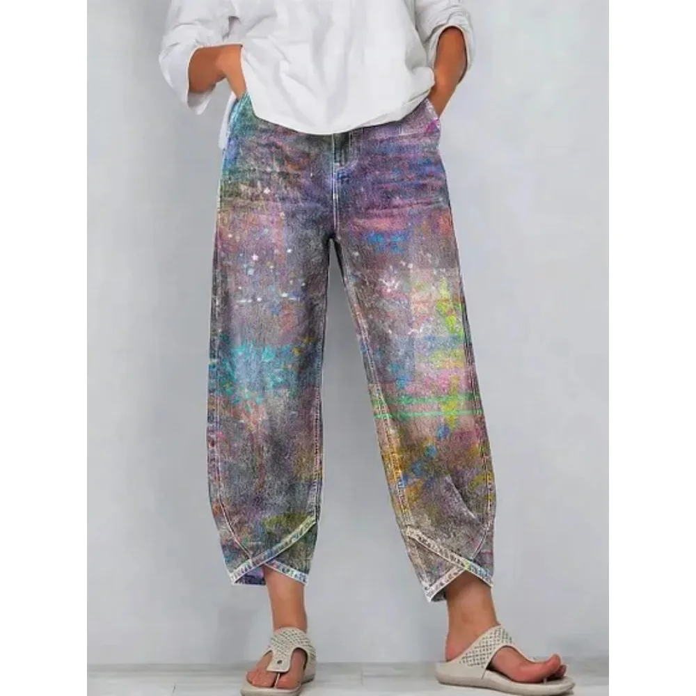 Kurze Harem-Capri-Hose mit abstraktem geometrischem Aufdruck für Damen, Baumwolle, lockere Passform, Tulpen-Wickelhose, knöchellange Freizeithose, XXS-4XL – Detail 6