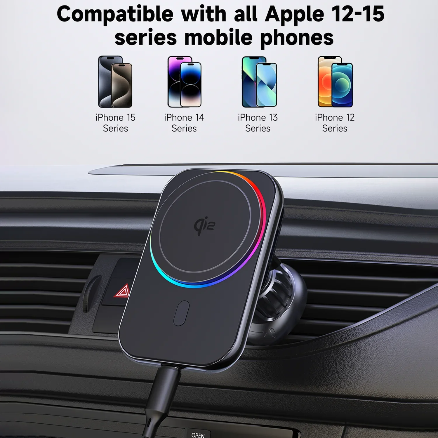 

15W Qi2 Fast Charging Car Charger Holder Magnetic Car Phone Holder Wireless Charger For iPhone 15 14 13 Pro Max Light Effect