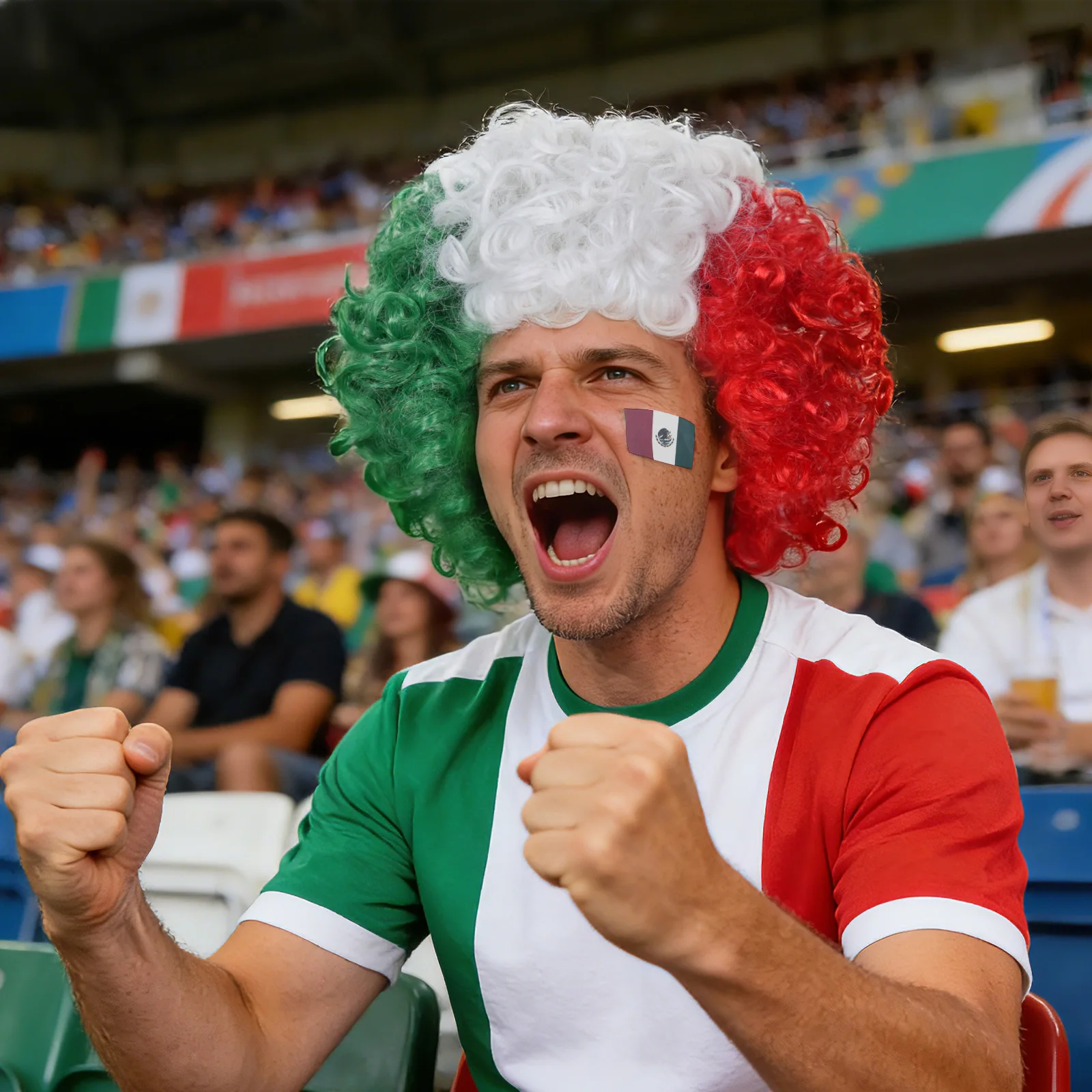 

Mexico Green White Red Split Afro Wig with Face Stickers Football Fan Party Costume Wig Synthetic Wig