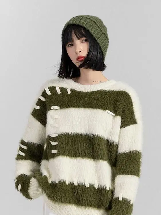 

Теплый вязаный свитер в полоску, свободная повседневная верхняя одежда, новинка зимы, модный топ для отдыха для пар, топ из полиэфирного волокна для поездок на работу