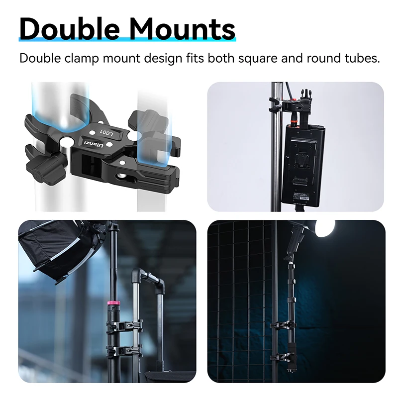 Ulanzi LC01 Super Clamp for Light Stand Double Clamp for Square Round Tubes with Adjustment Knobs for Photography Accessories