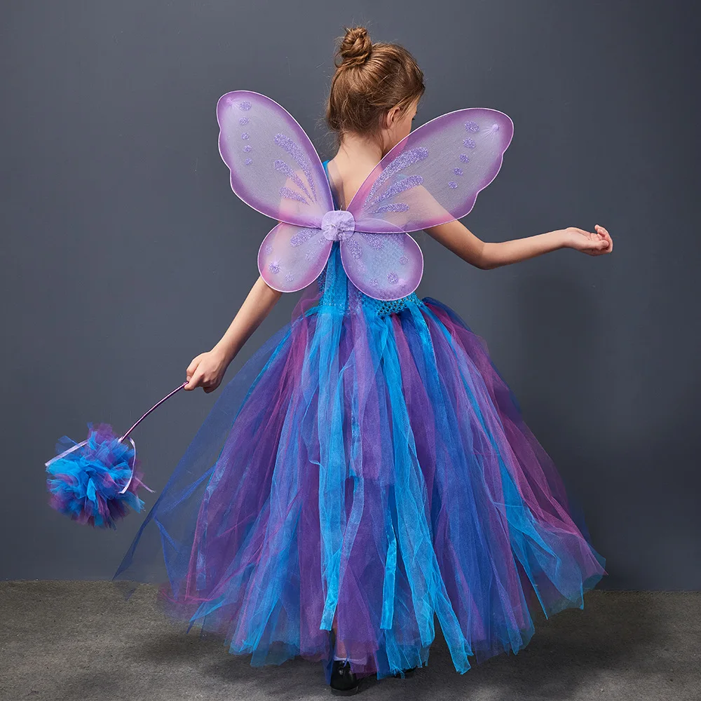 Fairy Princess Girls Tutu Dress with Wings and Wand Kids Birthday Party Pageant Ball Gown Purim Carnival Vestidor Robe Infantil