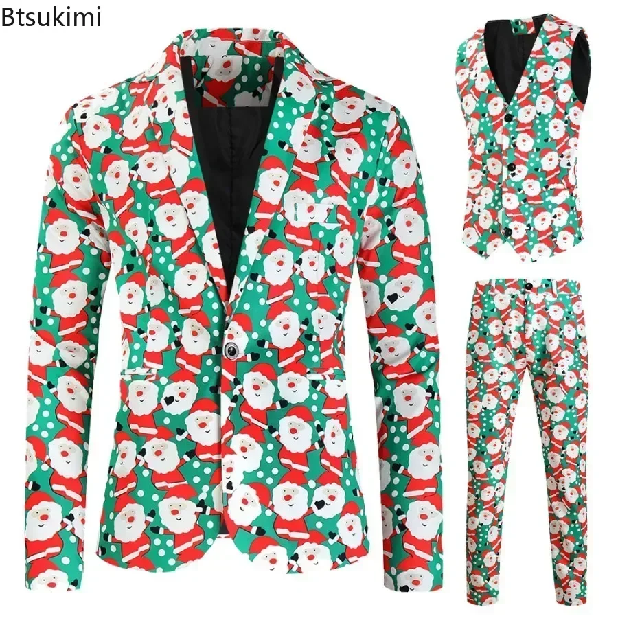 Men's 3 Pieces Christmas Suits Long Sleeve Blazers Jacket+Vest+Pants Winter Santa Claus Snowflake Printed Men's Funny Clothing