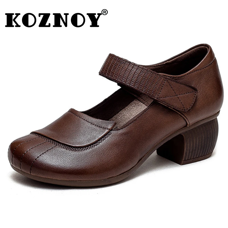 

Koznoy 5cm Women's Summer Shoes Made of Genuine Leather Vintage Natural Cow British Hook Comfy Fashion Pumps Preppy Chunky Heels