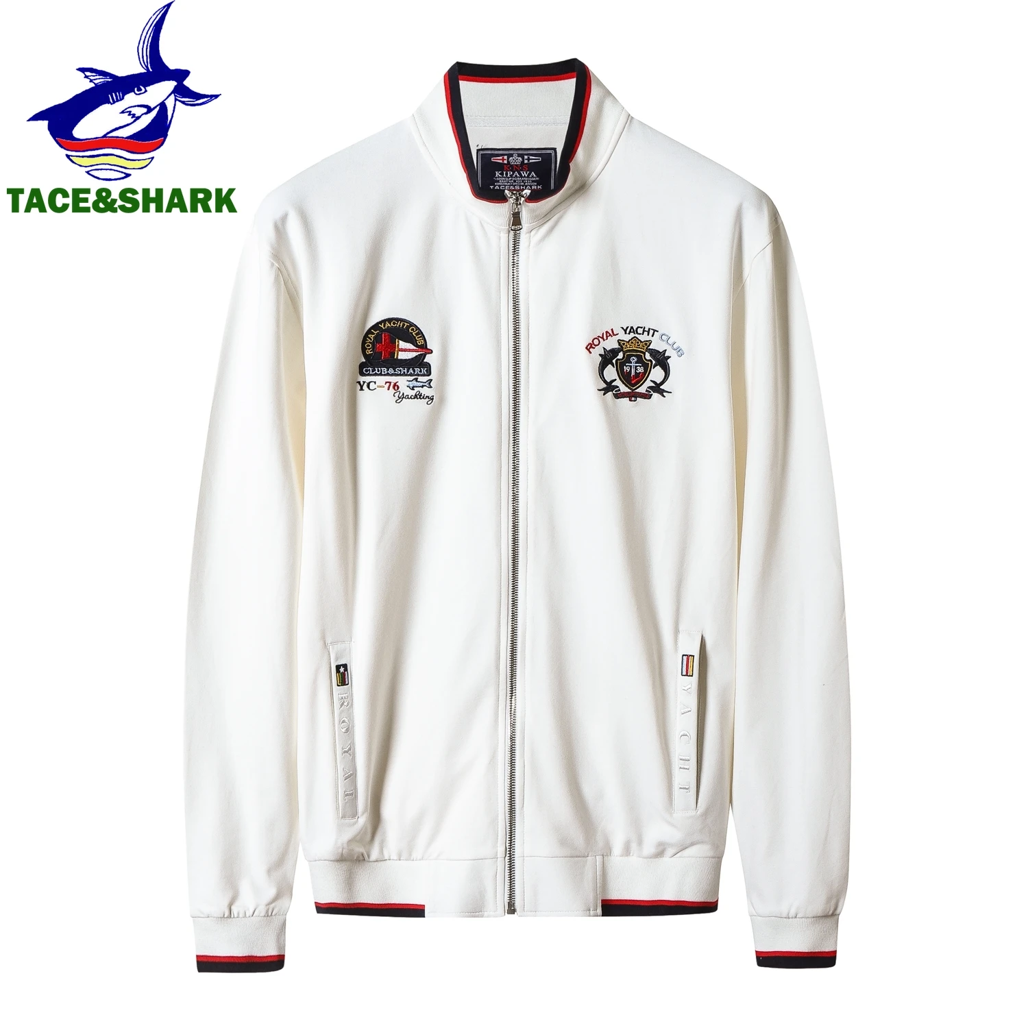 TACE&SHARK Fashion Casual White Military Jacket Coat Stand Collar Zipper Jackets Men Brand Embroidery Outerwear Clothing