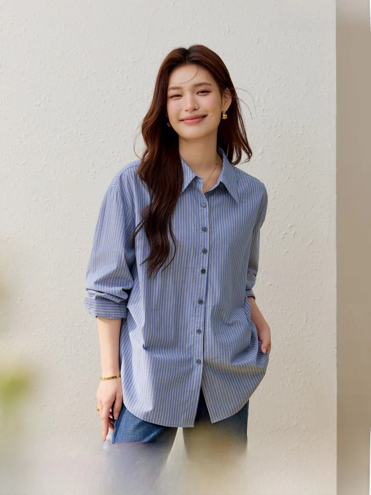 

Versatile Striped Cotton irt Ele Personali Large Size Women's Faionable Commute Sle Long Sve Winter New Arrival