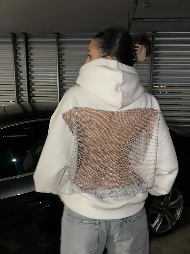 Sudadera con capucha gótica americana para mujer, ropa Sexy de malla hueca Y2K, jersey translúcido a la moda, sudadera informal de manga larga