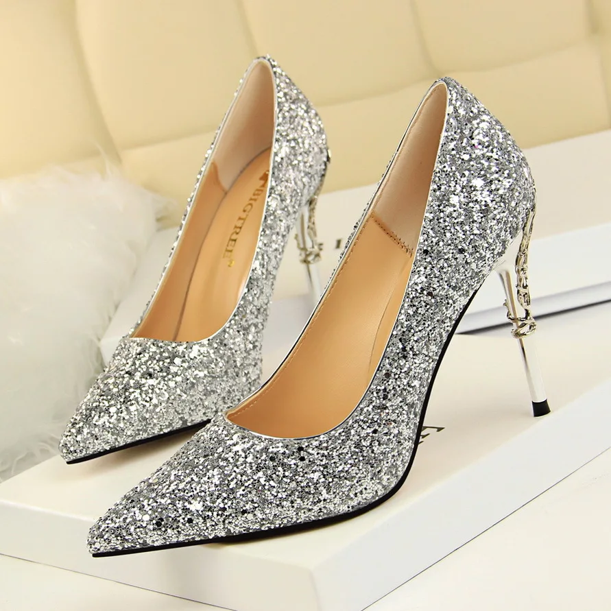 

Style Fashion Sexy Nightclub Women's Metal Thin High Heel Shallow Mouth Pointed Shining Single Shoes Women Pumps