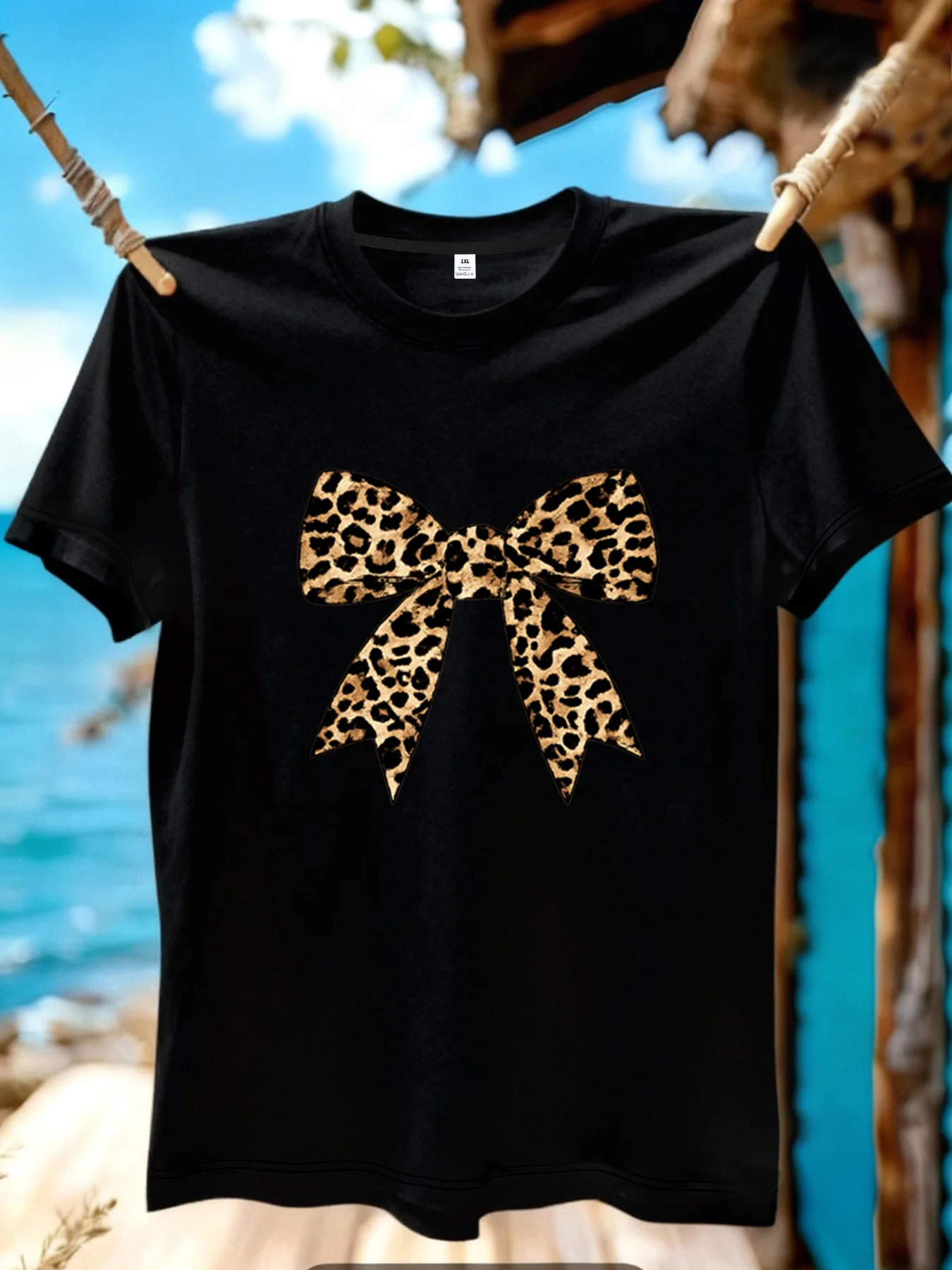 

【YJ01172】Leopard Print Bow T-Shirt Plus Size Women's Round Neck Summer Casual Short Sleeve Top Fashionable Versatile