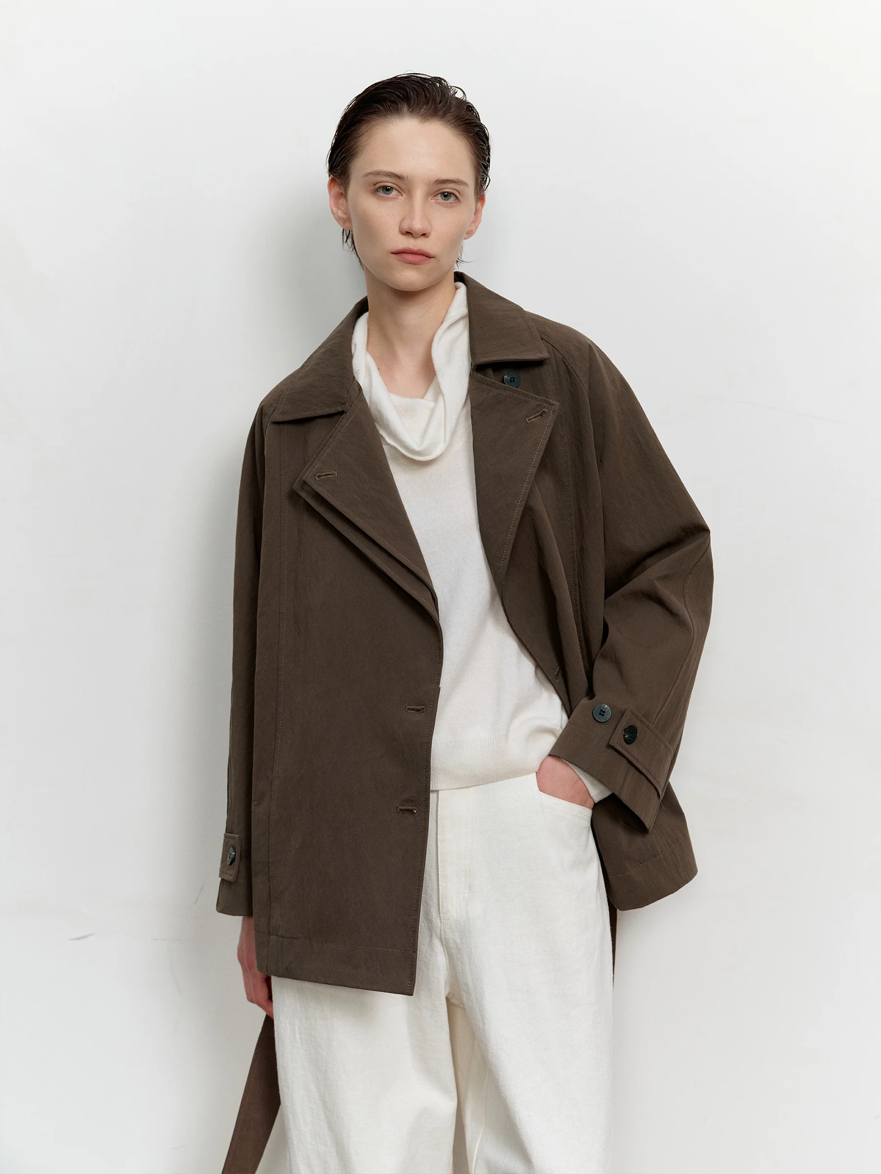 

Tuytuy Double Collar ape Outerwear Lazy Simple Top Double Waist Design Belted ort Waist Inward Windbreaker Commute Sle