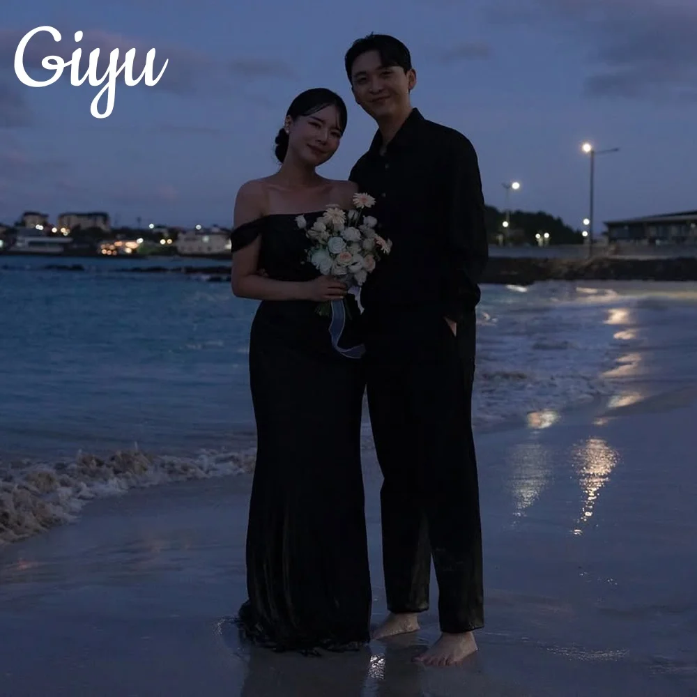 

Giyu Simple Black Off Shoulder Mermaid Satin Wedding Party Dress Pleat Korea Photoshoot Evening Gown Floor-Length Customized