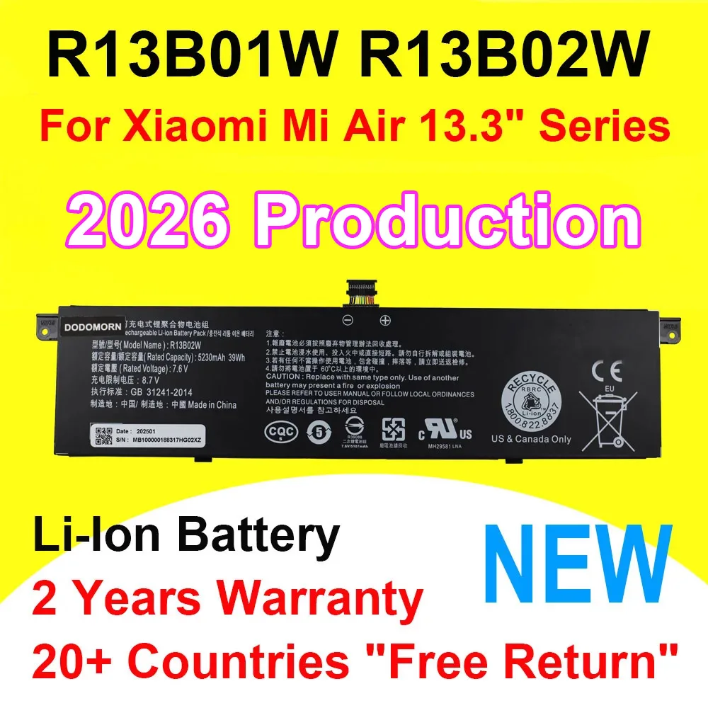 DODOMORN nueva batería de 7,6 V 39Wh R13B01W R13B02W para Xiaomi Mi Air serie de portátiles de 13,3 pulgadas, baterías r