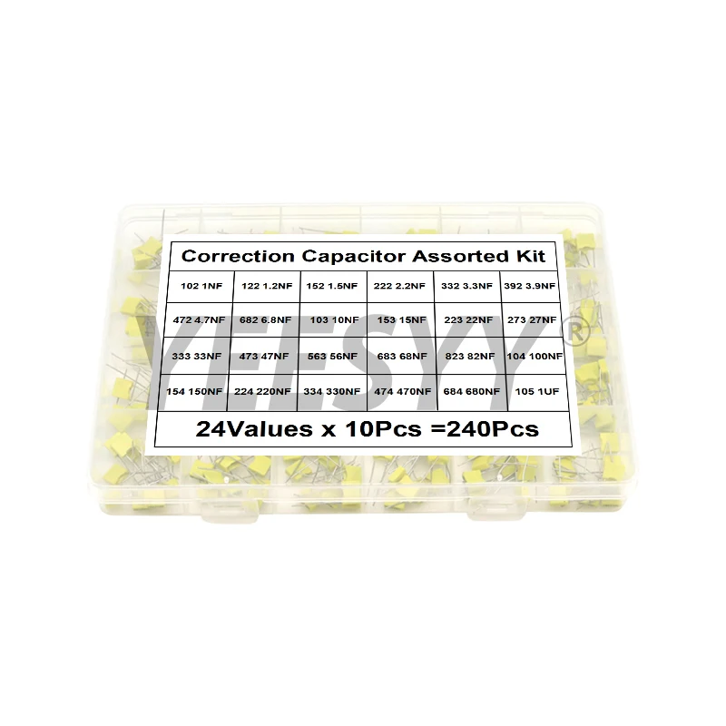 240Pcs 100V 24Values x 10Pcs Correction Capacitor Assorted Kit 102J-105J Polypropylene Safety Plastic Film Capacitors Set