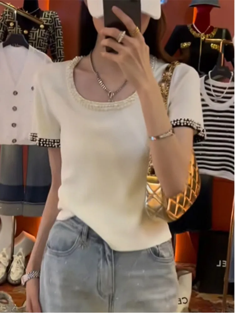 2024 Summer Pearls Beading Knitted Short Sleeved Sweater T-shirt Women Fashion White U Neck Slim Fit Crop Top Pull Femme Jumper