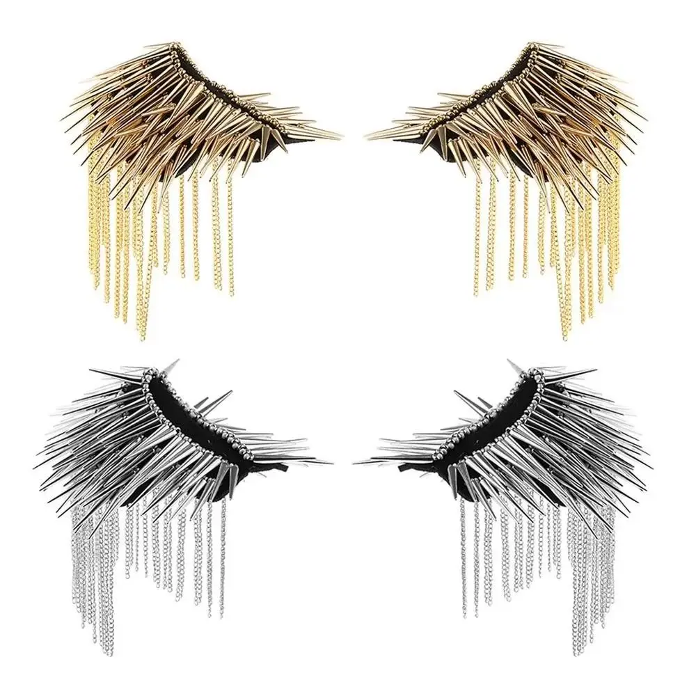Retro Pin Tassel Chain Epaulette Breastpin Crystal Rivet Shoulder Badges Cool DIY Jacket Vintage Brooch Gift