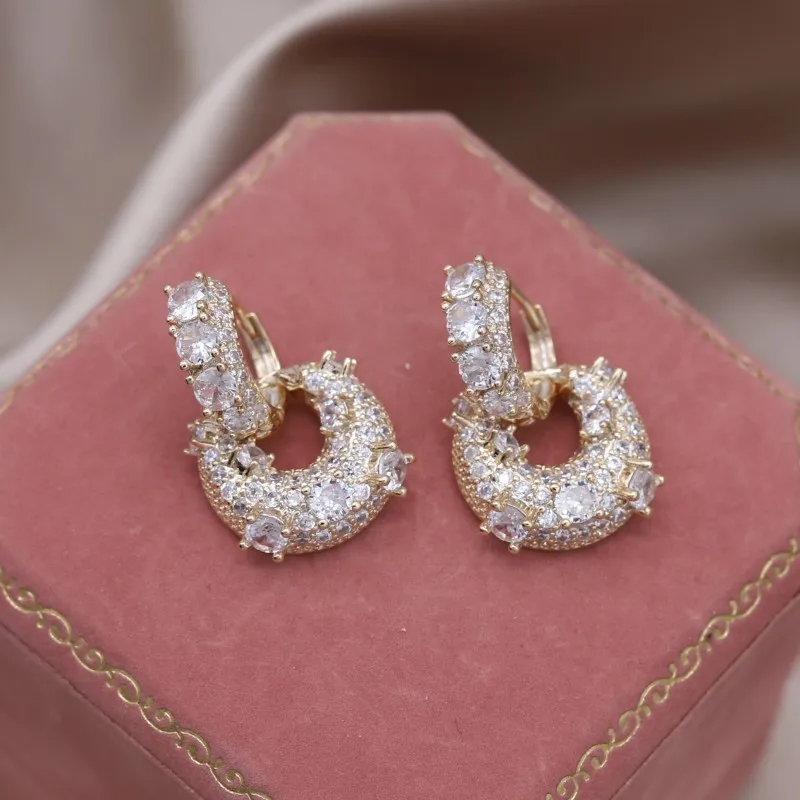 2023 14K Gold Plated Korean New Design Fashion Jewelry Full Zircon Square Pendant Earrings Luxury Women\'s Party Accessories