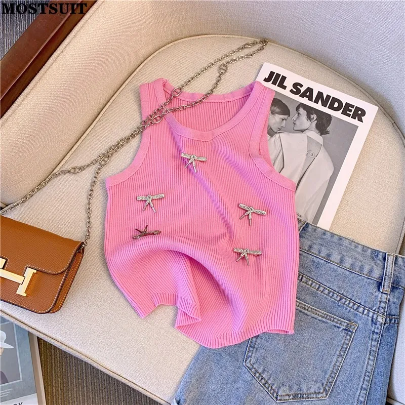 

2024 Summer Stylish Sweater Vests For Women Crop Tops Knitwear 2024 Summer Sleeveless Bowtie Sexy Chic Fashion Ladies Jumpers